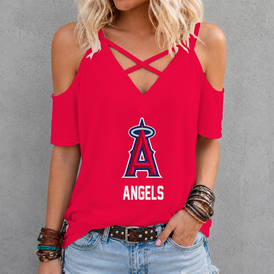 LIMITED EDITION - NEW CUSTOMIZED MLB27 LAA LOS ANGELES ANGELS CRISS CROSS V-NECK TOP