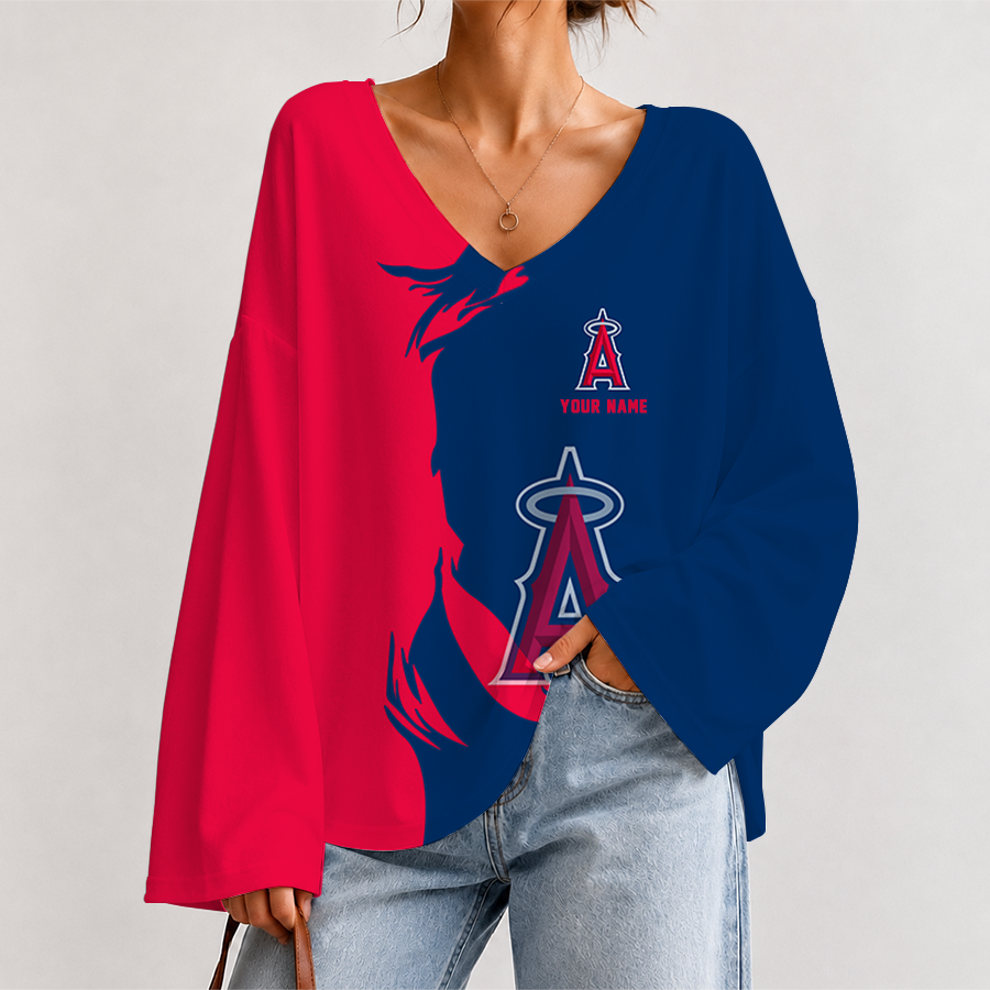[FLASH SALE] NEW CUSTOMIZED MLB27 LAA LOS ANGELES ANGELS V-NECK LONG SLEEVED CROP TOP