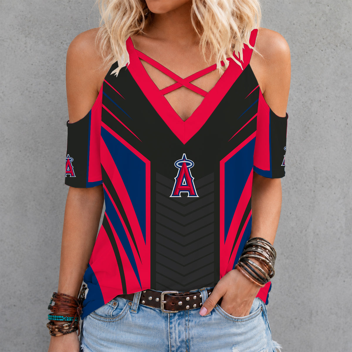 [FLASH SALE] NEW CUSTOMIZED MLB27 LAA LOS ANGELES ANGELS CRISS CROSS V-NECK TOP