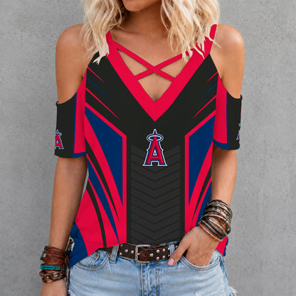 [FLASH SALE] NEW CUSTOMIZED MLB27 LAA LOS ANGELES ANGELS CRISS CROSS V-NECK TOP