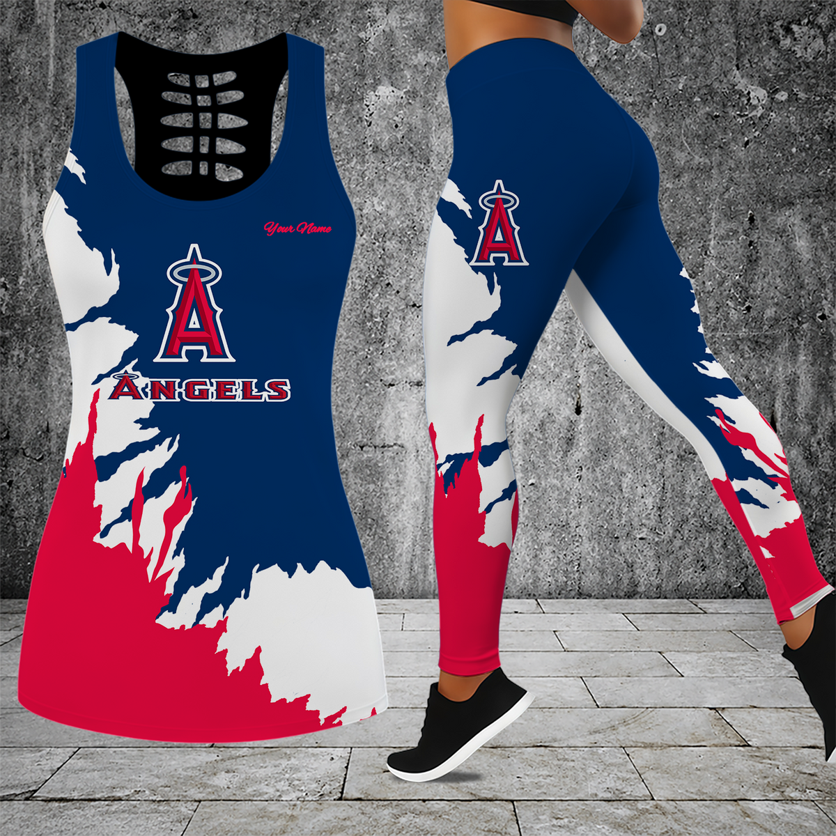 [FLASH SALE] NEW CUSTOMIZED MLB27 LAA LOS ANGELES ANGELS HOLLOW TANK TOP & LEGGINGS SET