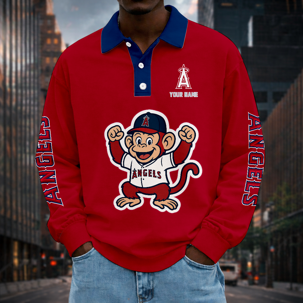 LIMITED EDITION - NEW CUSTOMIZED MLB27 LAA LOS ANGELES ANGELS MEN LONG SLEEVE POLO