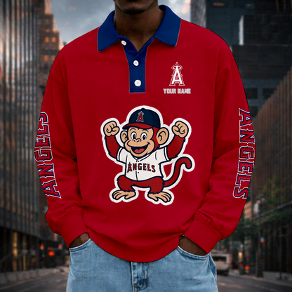 LIMITED EDITION - NEW CUSTOMIZED MLB27 LAA LOS ANGELES ANGELS MEN LONG SLEEVE POLO