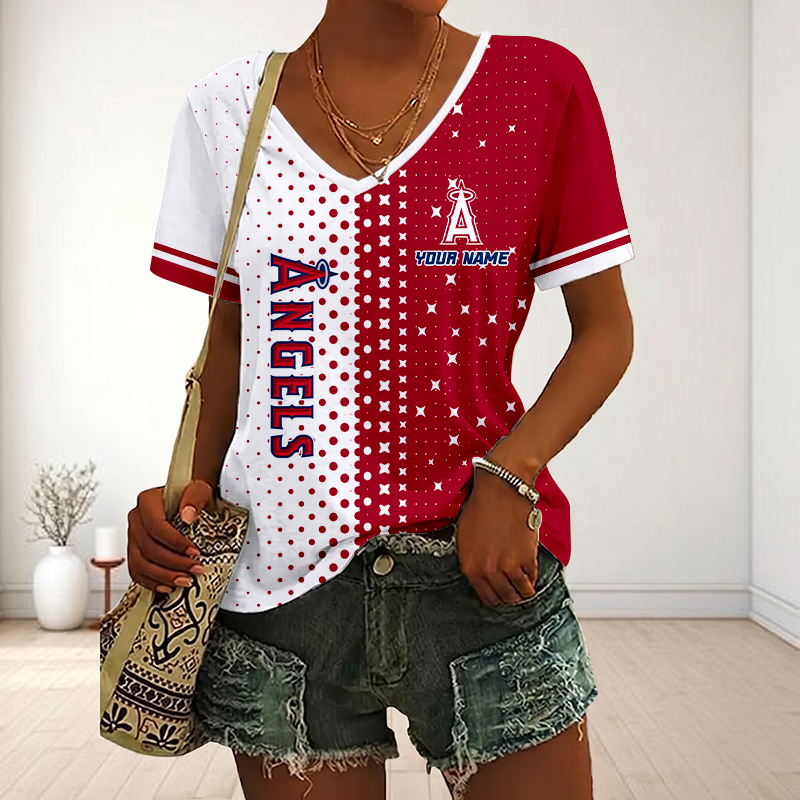 LIMITED EDITION - NEW CUSTOMIZED MLB27 LAA LOS ANGELES ANGELS V-NECK FEMALE SHIRT