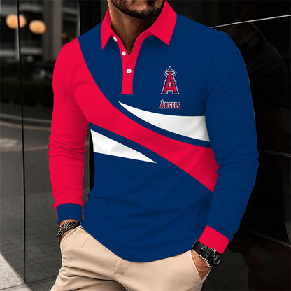 [FLASH SALE] NEW CUSTOMIZED MLB27 LAA LOS ANGELES ANGELS MEN'S LONG SLEEVE POLO