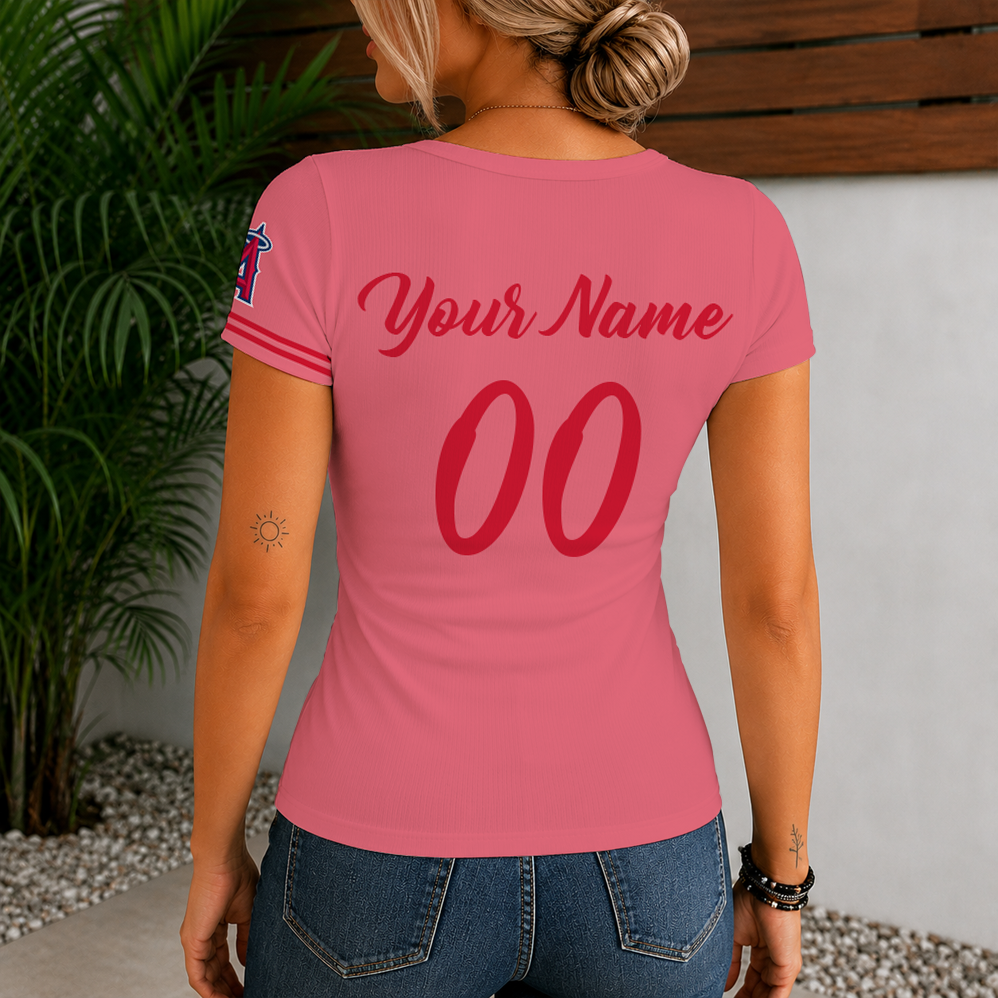 [FLASH SALE] NEW CUSTOMIZED MLB27 LAA LOS ANGELES ANGELS WOMEN'S SHORT SLEEVE HENLEY T-SHIRT
