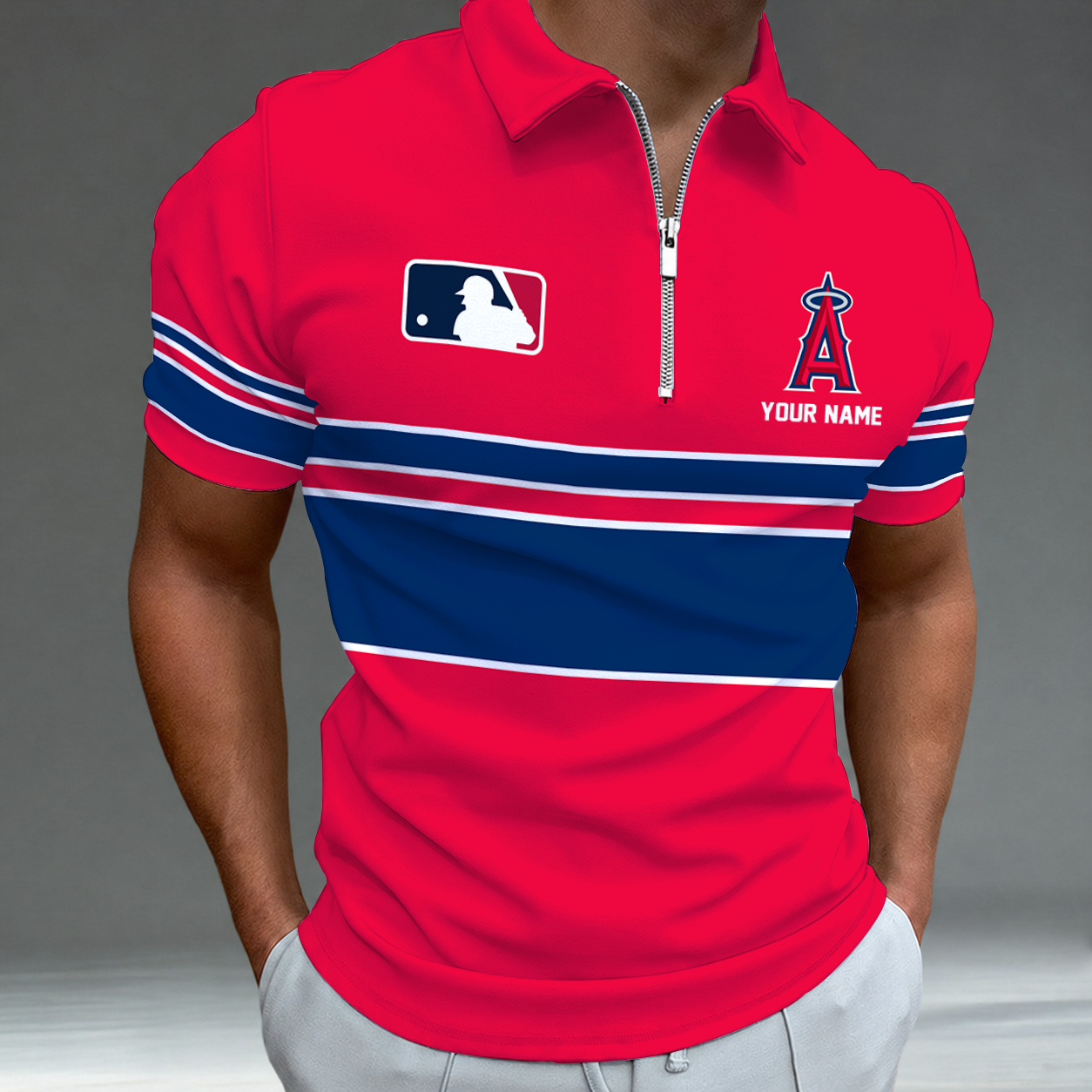 [FLASH SALE] NEW CUSTOMIZED MLB27 LAA LOS ANGELES ANGELS ZIP POLO SHIRT