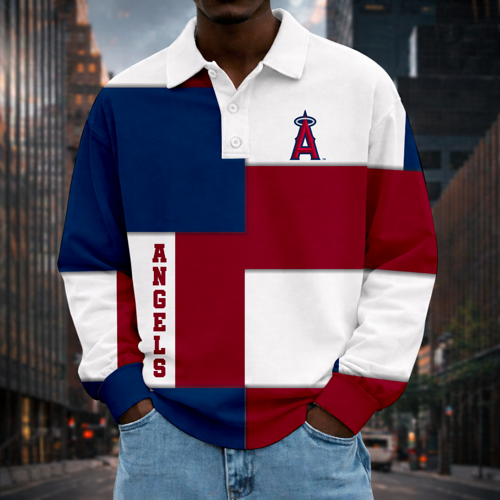 LIMITED EDITION - NEW CUSTOMIZED MLB27 LAA LOS ANGELES ANGELS MEN LONG SLEEVE POLO