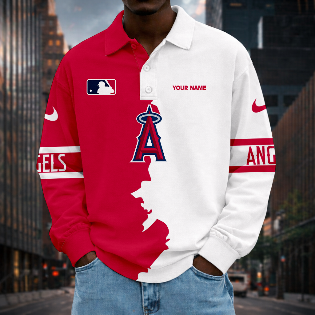 LIMITED EDITION - NEW CUSTOMIZED MLB27 LAA LOS ANGELES ANGELS MEN LONG SLEEVE POLO