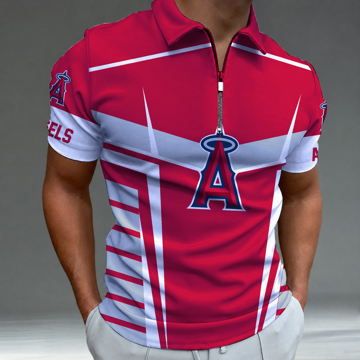 LIMITED EDITION - NEW CUSTOMIZED MLB27 LAA LOS ANGELES ANGELS ZIP POLO SHIRT