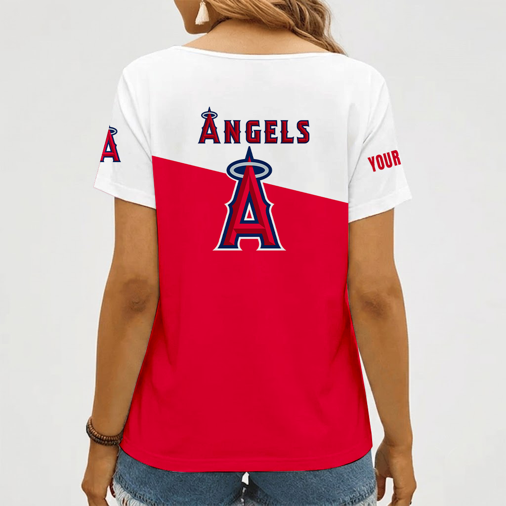 [FLASH SALE] NEW CUSTOMIZED MLB27 LAA LOS ANGELES ANGELS V-NECK FEMALE SHIRT