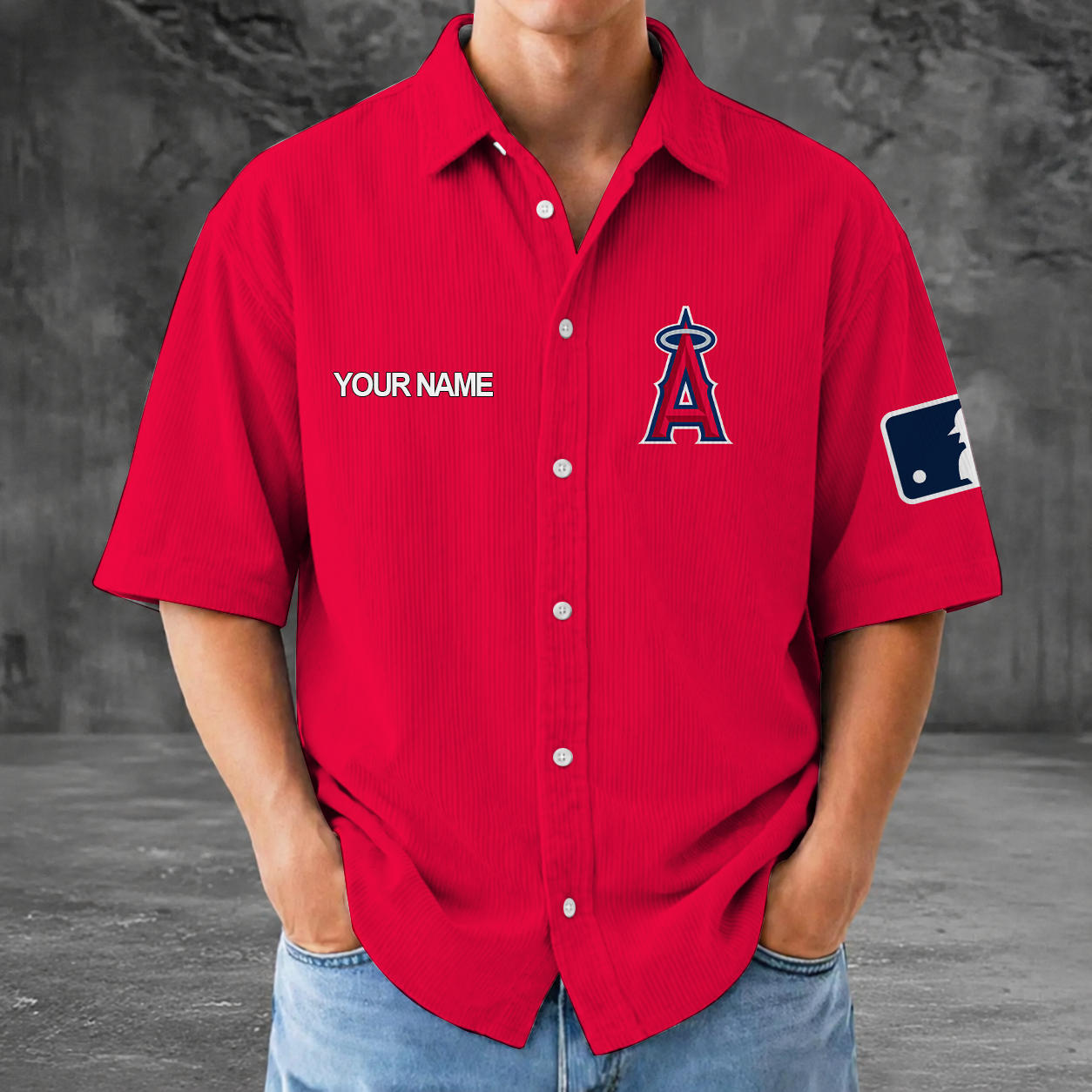 [FLASH SALE] NEW CUSTOMIZED MLB27 LAA LOS ANGELES ANGELS SEERSUCKER BUTTON SHIRT