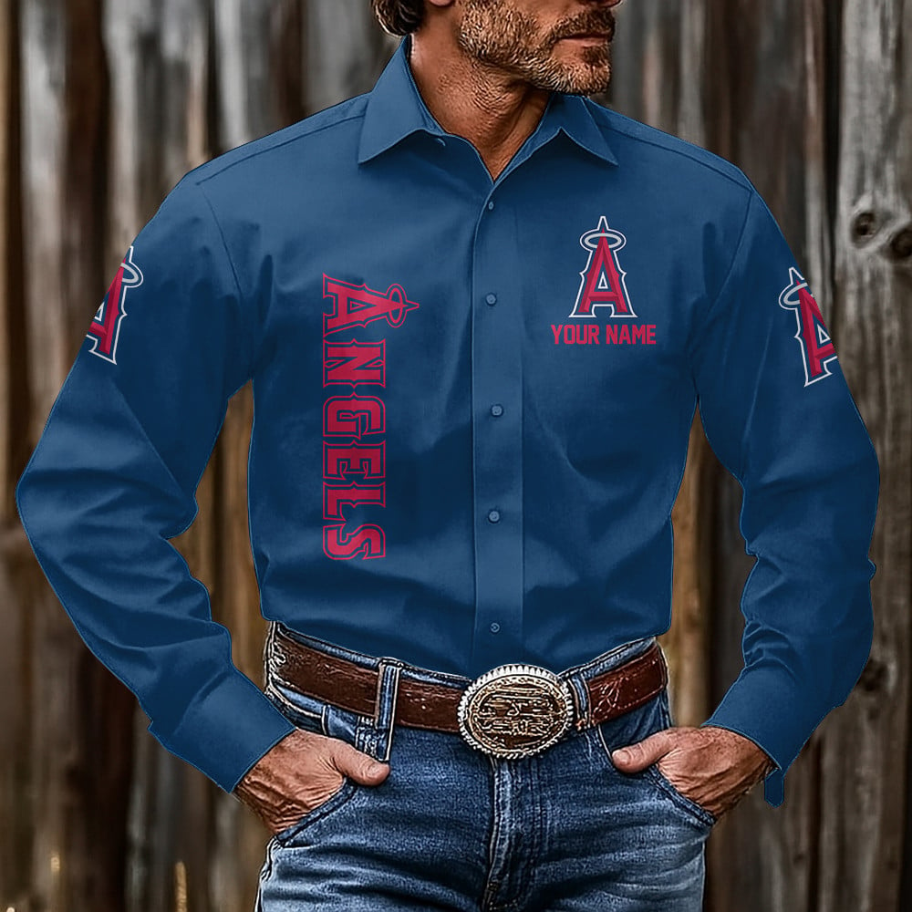 LIMITED EDITION - NEW CUSTOMIZED MLB27 LAA LOS ANGELES ANGELS MEN'S LONG SLEEVE BUTTON-UP SHIRT