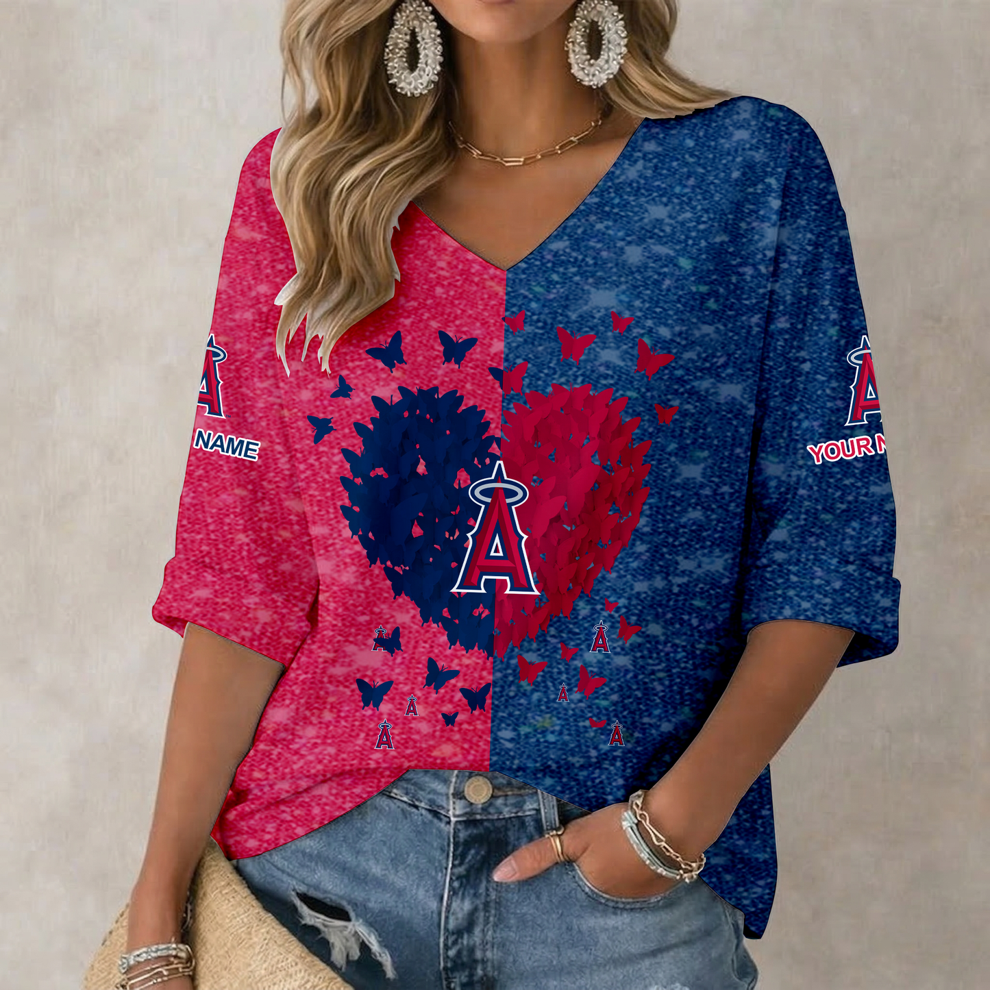 LIMITED EDITION - NEW CUSTOMIZED MLB27 LAA LOS ANGELES ANGELS WOMEN'S HEART V-NECK LONG SLEEVE SHIRT