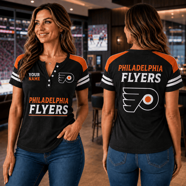 SPECIAL EDITION - NEW CUSTOMIZED NHL27 PPF PHILADELPHIA FLYERS WOMEN'S SHORT SLEEVE HENLEY T-SHIRT