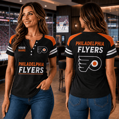 SPECIAL EDITION - NEW CUSTOMIZED NHL27 PPF PHILADELPHIA FLYERS WOMEN'S SHORT SLEEVE HENLEY T-SHIRT