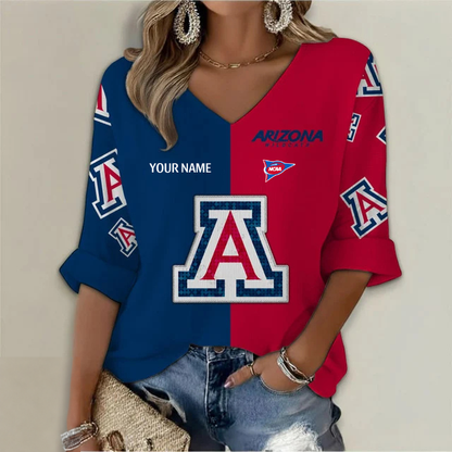 ELITE EDITION - NEW CUSTOMIZED NCAA FBS27 ARW ARIZONA WILDCATS WOMEN'S HEART V-NECK LONG SLEEVE SHIRT