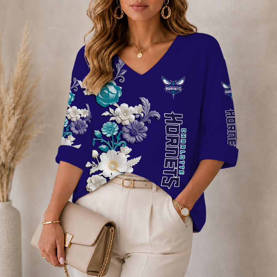 [HOT DEAL] NEW CUSTOMIZED NBA27 CHO CHARLOTTE HORNETS WOMEN'S V-NECK LONG SLEEVE SHIRT