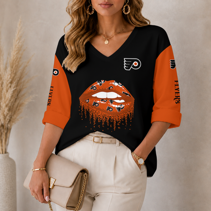 [SUPER SALE] NEW CUSTOMIZED NHL27 PPF PHILADELPHIA FLYERS WOMEN'S HEART V-NECK LONG SLEEVE SHIRT