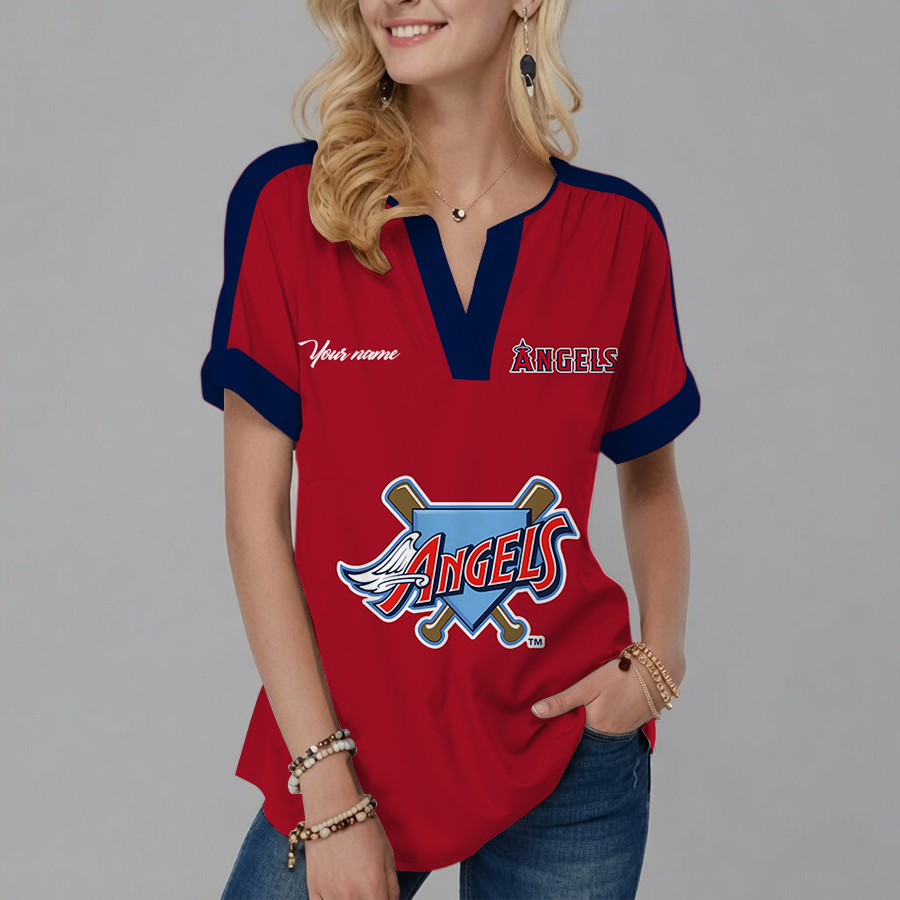 [FLASH SALE] NEW CUSTOMIZED MLB27 LAA LOS ANGELES ANGELS V-NECK FEMALE SHIRT