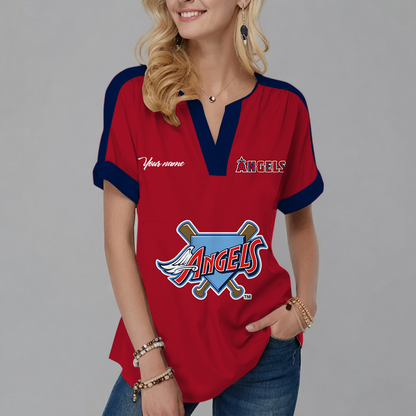 [FLASH SALE] NEW CUSTOMIZED MLB27 LAA LOS ANGELES ANGELS V-NECK FEMALE SHIRT