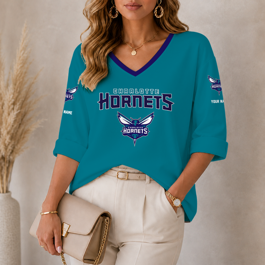 [HOT DEAL] NEW CUSTOMIZED NBA27 CHO CHARLOTTE HORNETS WOMEN'S HEART V-NECK LONG SLEEVE SHIRT
