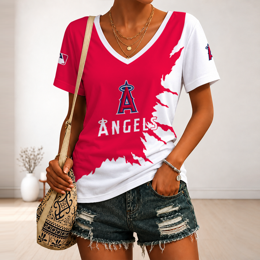 [FLASH SALE] NEW CUSTOMIZED MLB27 LAA LOS ANGELES ANGELS V-NECK FEMALE SHIRT