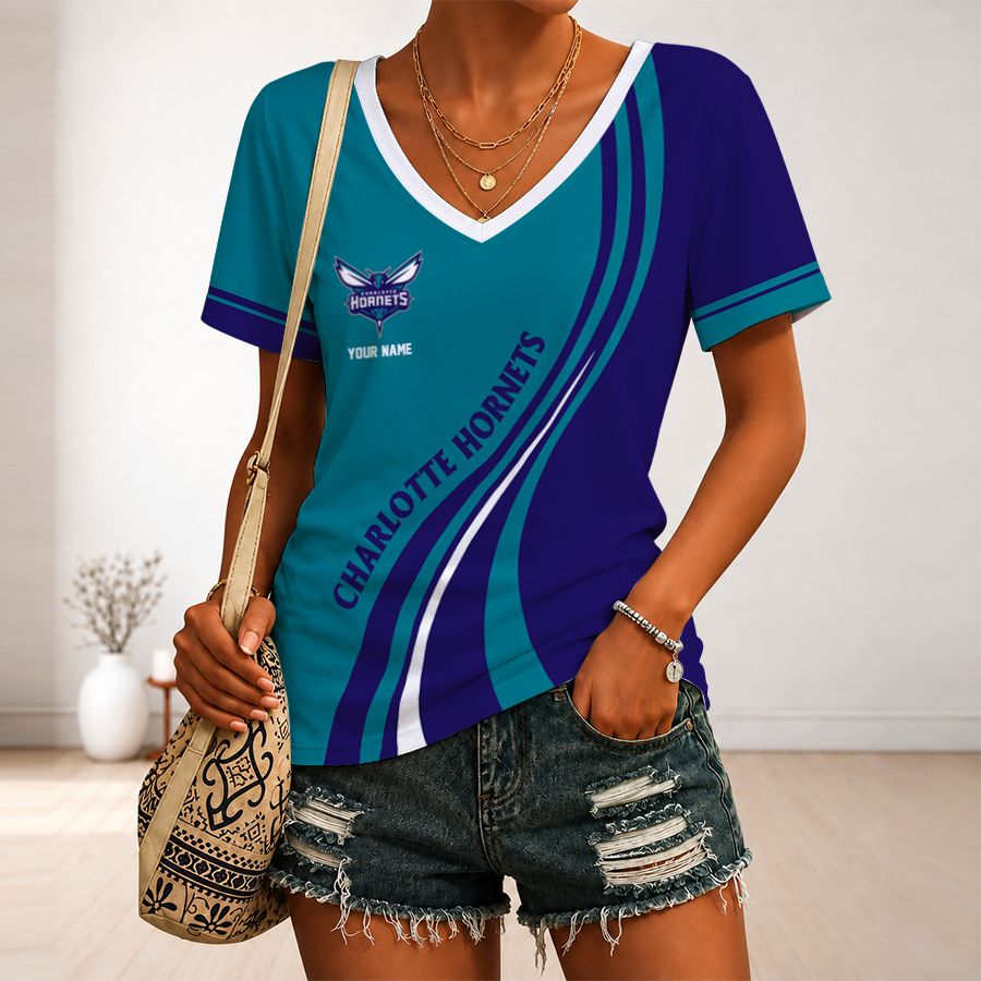 [HOT DEAL] NEW CUSTOMIZED NBA27 CHO CHARLOTTE HORNETS V-NECK FEMALE SHIRT