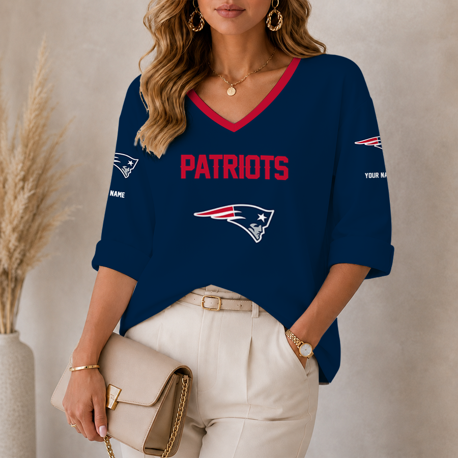 [SPECIAL OFFER] NEW CUSTOMIZED NFL27 NEP NEW ENGLAND PATRIOTS WOMEN'S HEART V-NECK LONG SLEEVE SHIRT