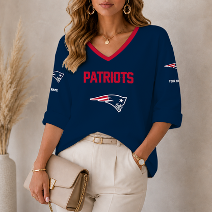 [SPECIAL OFFER] NEW CUSTOMIZED NFL27 NEP NEW ENGLAND PATRIOTS WOMEN'S HEART V-NECK LONG SLEEVE SHIRT