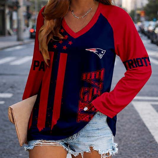LIMITED EDITION - NEW CUSTOMIZED NFL27 NEP NEW ENGLAND PATRIOTS WOMEN'S V-NECK LONG SLEEVED SHIRT