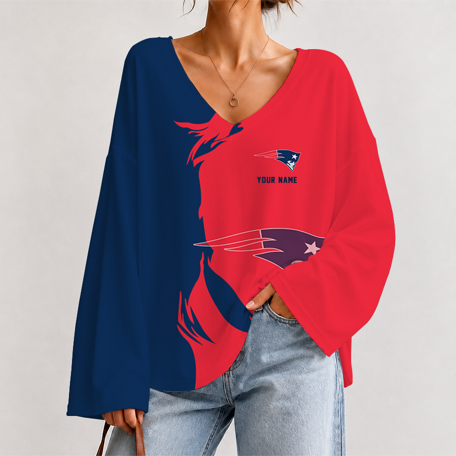 [SPECIAL OFFER] NEW CUSTOMIZED NFL27 NEP NEW ENGLAND PATRIOTS V NECK LONG SLEEVED CROP TOP
