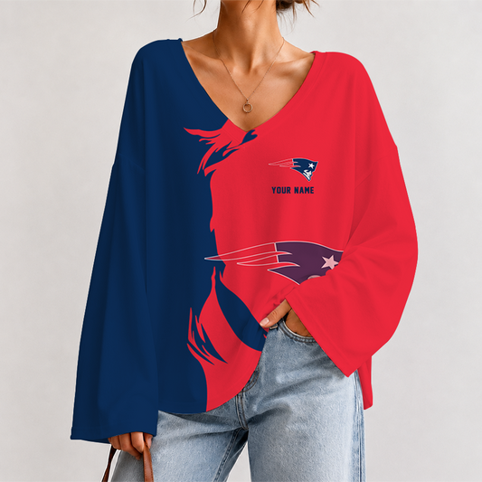 [SPECIAL OFFER] NEW CUSTOMIZED NFL27 NEP NEW ENGLAND PATRIOTS V NECK LONG SLEEVED CROP TOP