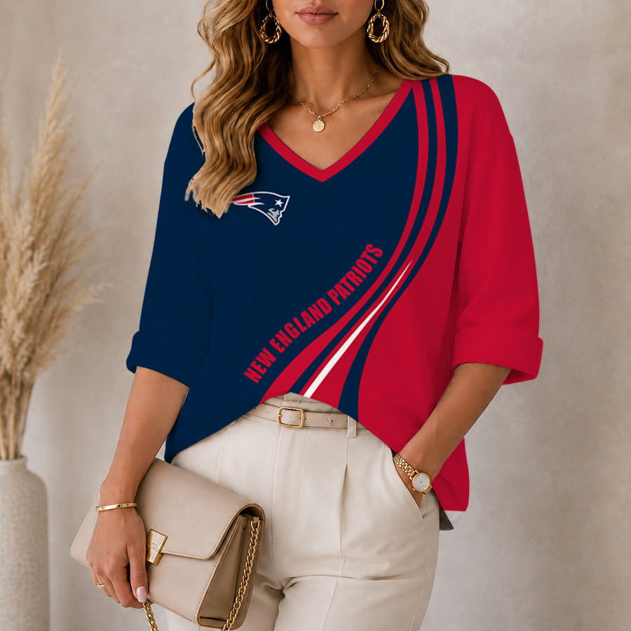 [SPECIAL OFFER] NEW CUSTOMIZED NFL27 NEP NEW ENGLAND PATRIOTS WOMEN'S HEART V-NECK LONG SLEEVE SHIRT