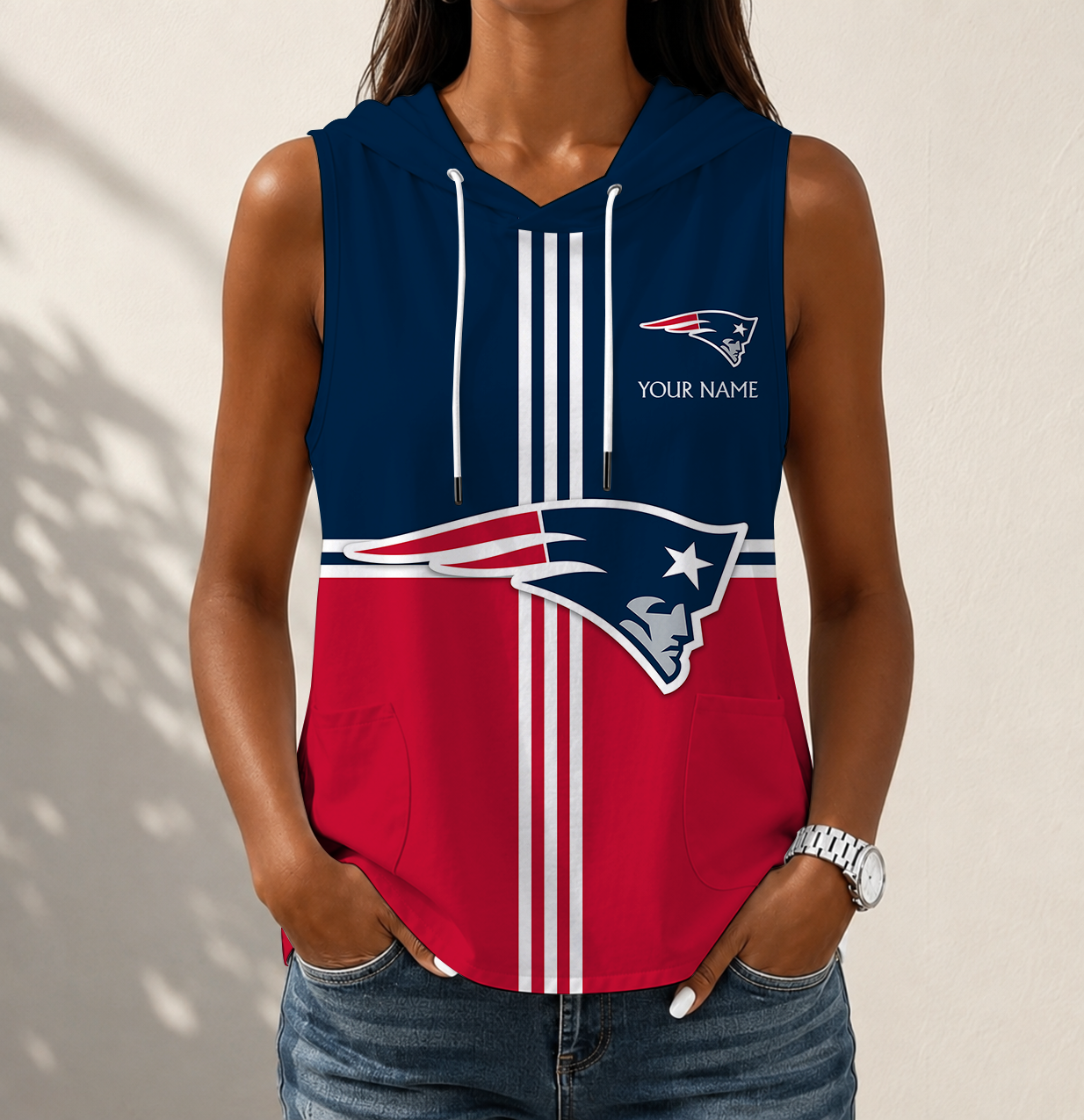 LIMITED EDITION - NEW CUSTOMIZED NFL27 NEP NEW ENGLAND PATRIOTS WOMEN'S SLEEVELESS HOODED POCKET TANK TOP