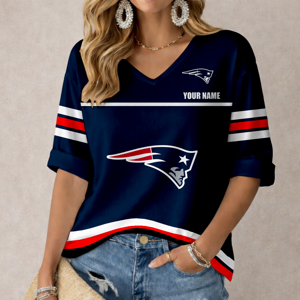 LIMITED EDITION - NEW CUSTOMIZED NFL27 NEP NEW ENGLAND PATRIOTS WOMEN'S V-NECK MID-SLEEVE SHIRT
