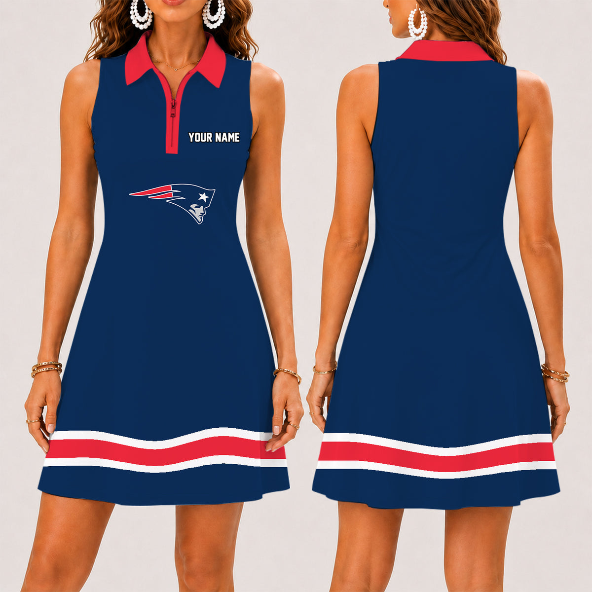 [SPECIAL OFFER] NEW CUSTOMIZED NFL27 NEP NEW ENGLAND PATRIOTS WOMEN'S ZIP SLEEVELESS POLO DRESS