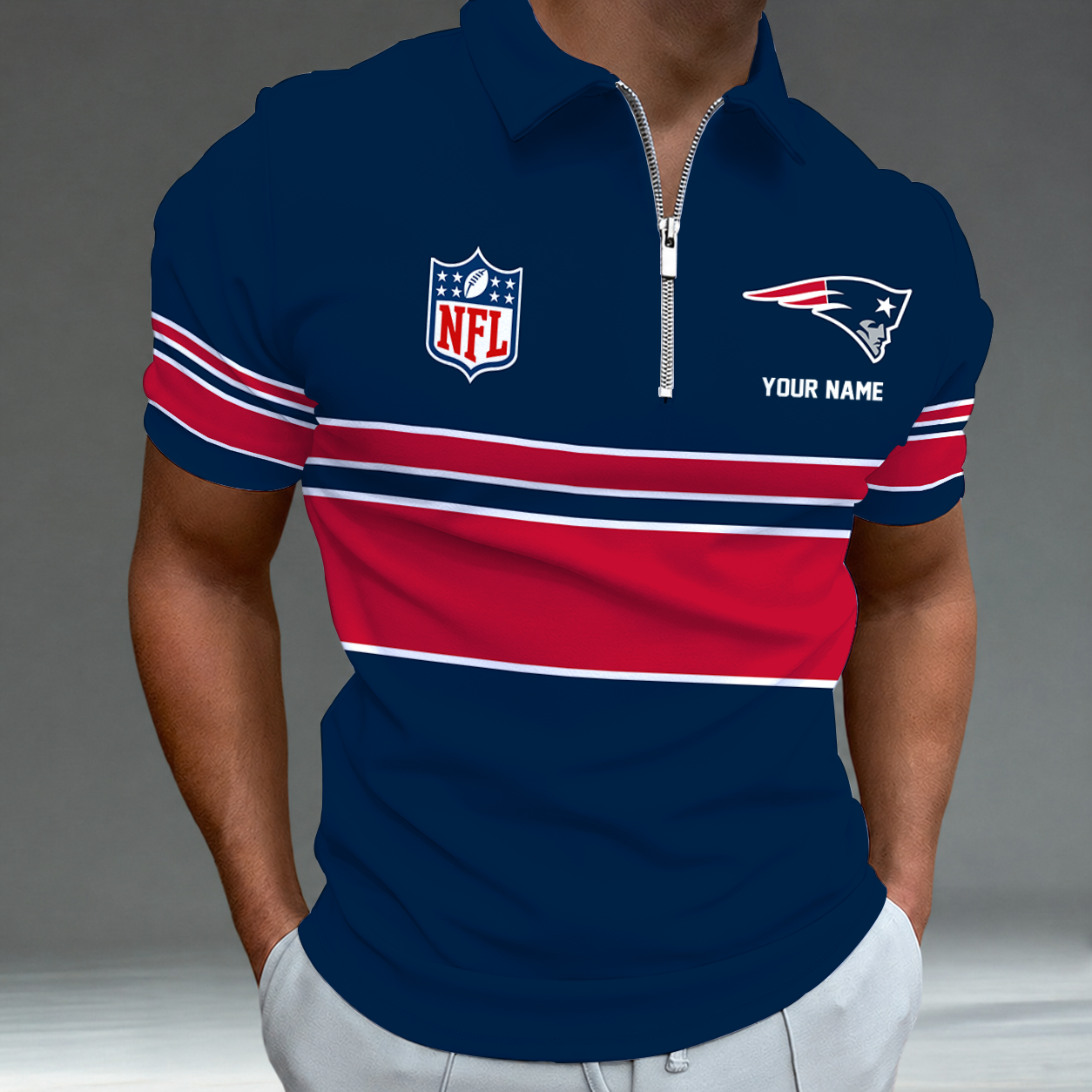 [SPECIAL OFFER] NEW CUSTOMIZED NFL27 NEP NEW ENGLAND PATRIOTS ZIP POLO SHIRT