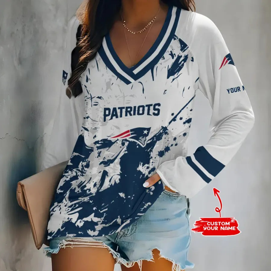 [SPECIAL OFFER] NEW CUSTOMIZED NFL27 NEP NEW ENGLAND PATRIOTS WOMEN'S V-NECK LONG SLEEVED SHIRT