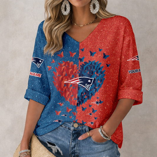 LIMITED EDITION - NEW CUSTOMIZED NFL27 NEP NEW ENGLAND PATRIOTS WOMEN'S HEART V-NECK LONG SLEEVE SHIRT