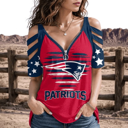 [SPECIAL OFFER] NEW CUSTOMIZED NFL27 NEP NEW ENGLAND PATRIOTS STRAPPY COLD-SHOULDER TOP