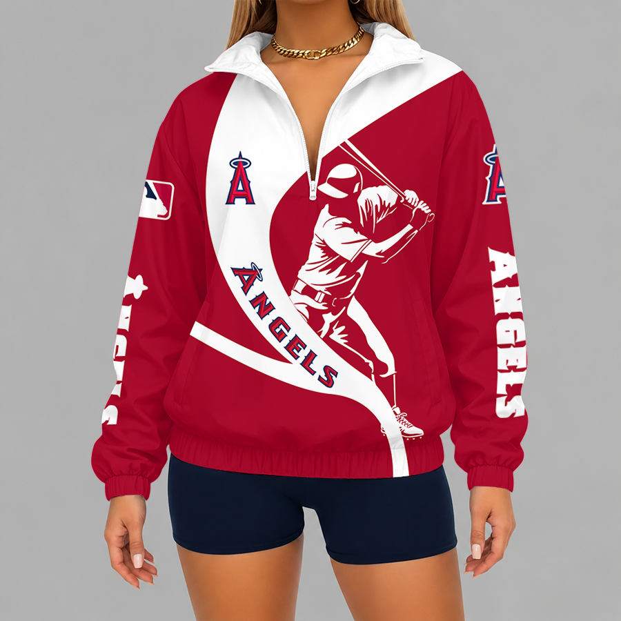 [FLASH SALE] NEW CUSTOMIZED MLB27 LAA LOS ANGELES ANGELS V-NECK ZIPPER SWEATSHIRT JACKET