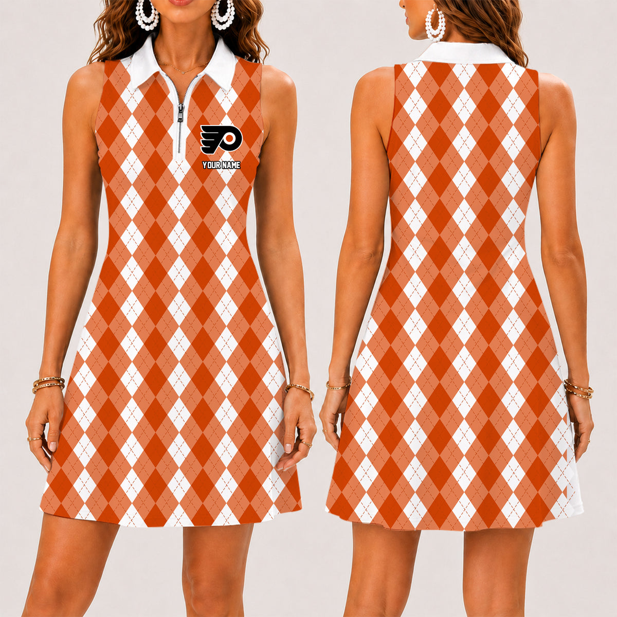 [SUPER SALE] NEW CUSTOMIZED NHL27 PPF PHILADELPHIA FLYERS WOMEN'S ZIP SLEEVELESS POLO DRESS