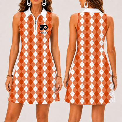 [SUPER SALE] NEW CUSTOMIZED NHL27 PPF PHILADELPHIA FLYERS WOMEN'S ZIP SLEEVELESS POLO DRESS