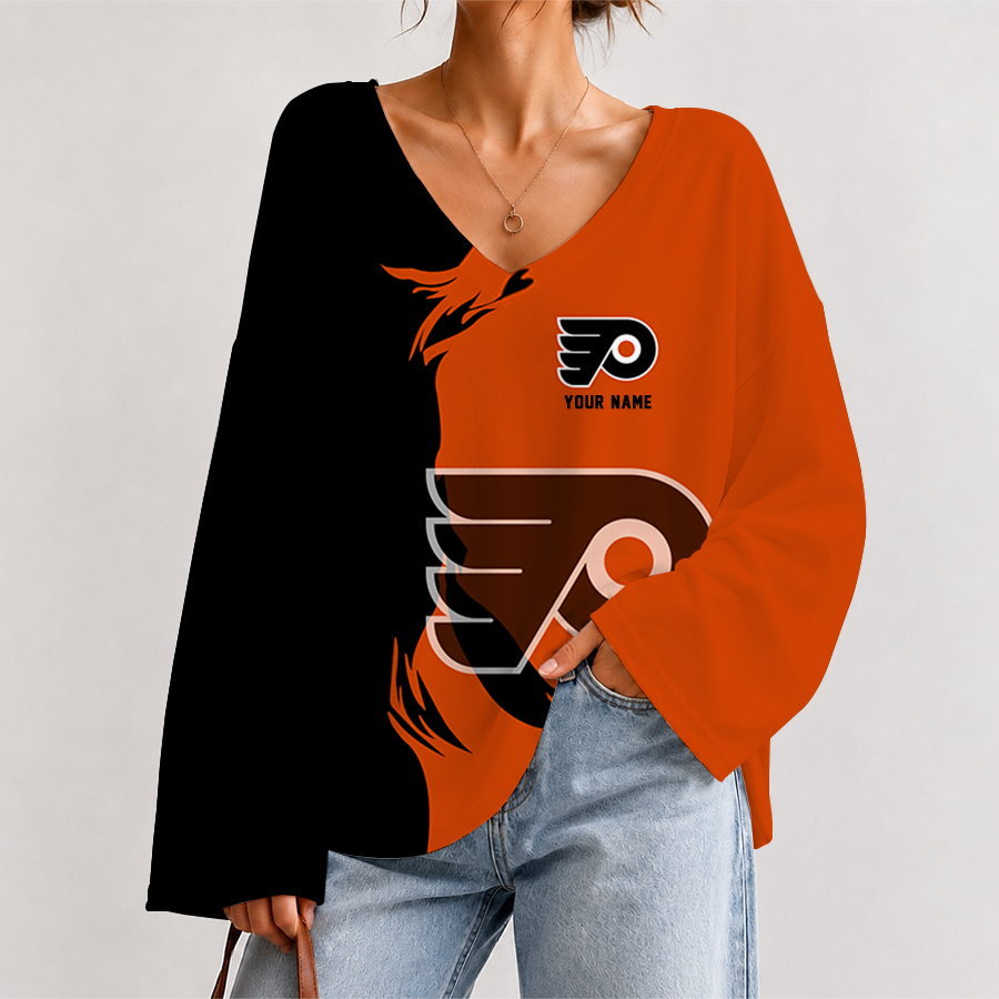 [SUPER SALE] NEW CUSTOMIZED NHL27 PPF PHILADELPHIA FLYERS V-NECK LONG SLEEVED CROP TOP