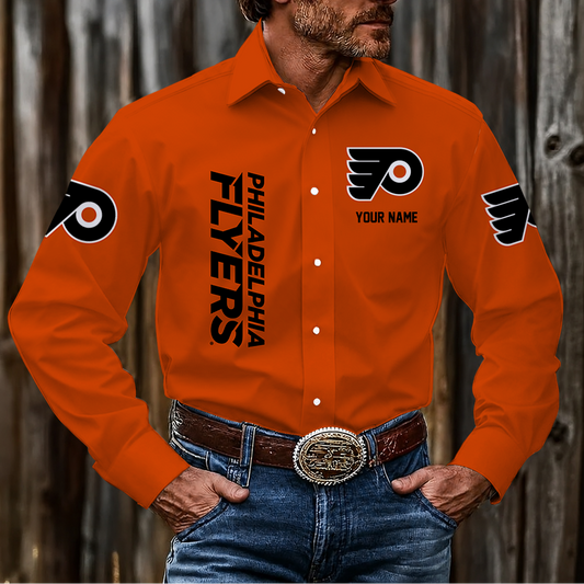 LIMITED EDITION - NEW CUSTOMIZED NHL27 PPF PHILADELPHIA FLYERS MEN'S LONG SLEEVE BUTTON-UP SHIRT