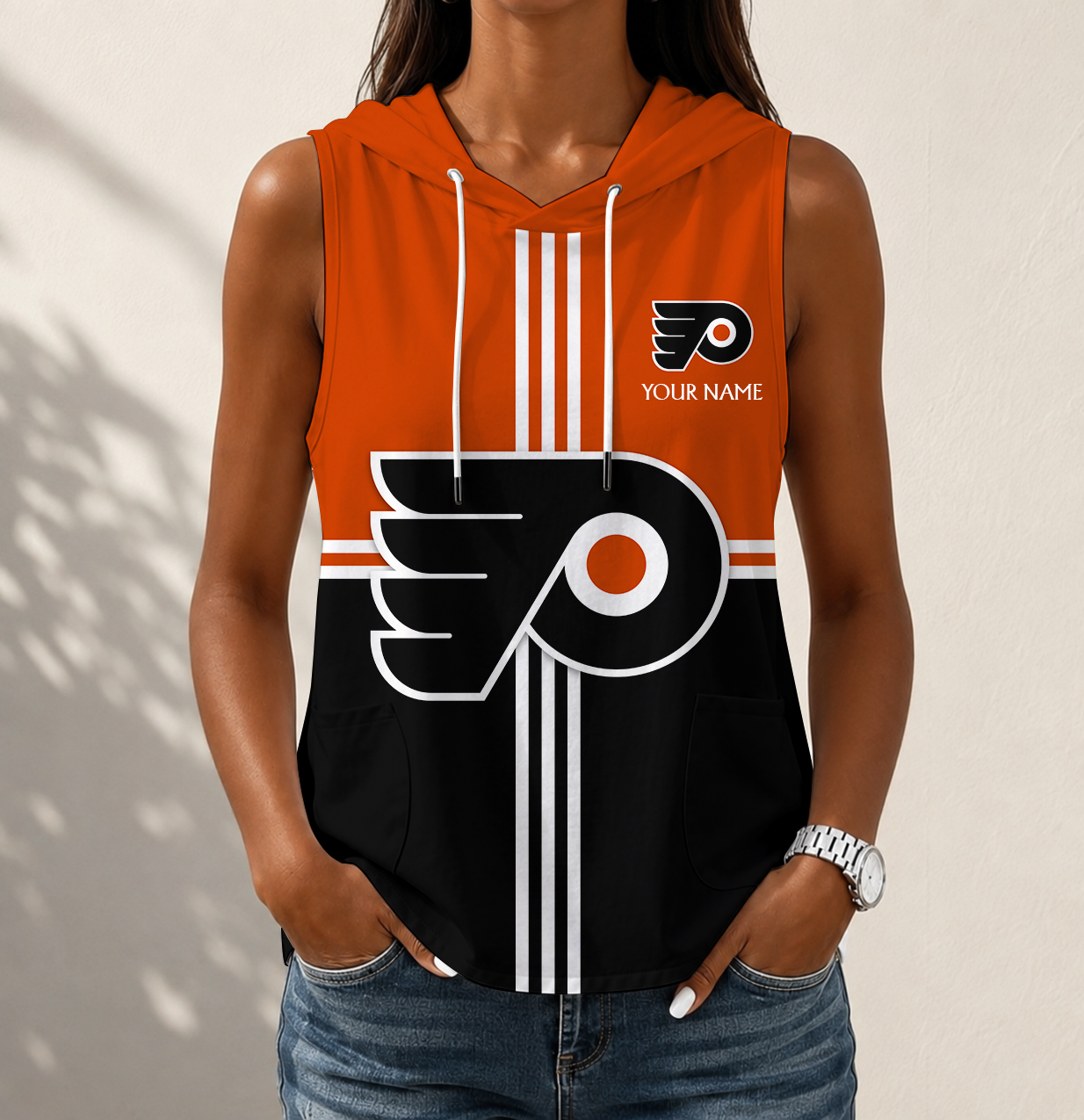VIRAL EDITION - NEW CUSTOMIZED NHL27 PPF PHILADELPHIA FLYERS WOMEN'S SLEEVELESS HOODED POCKET TANK TOP