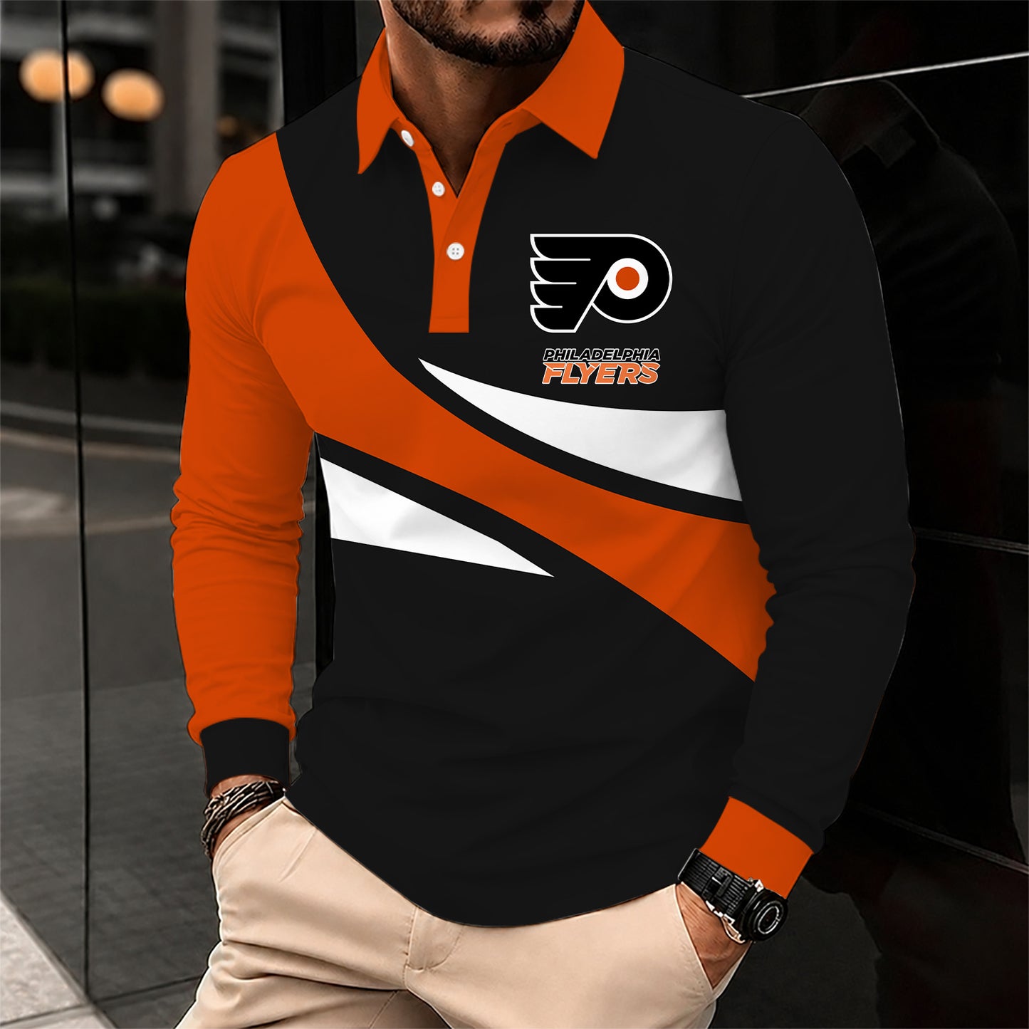 [SUPER SALE] NEW CUSTOMIZED NHL27 PPF PHILADELPHIA FLYERS MEN LONG SLEEVE POLO