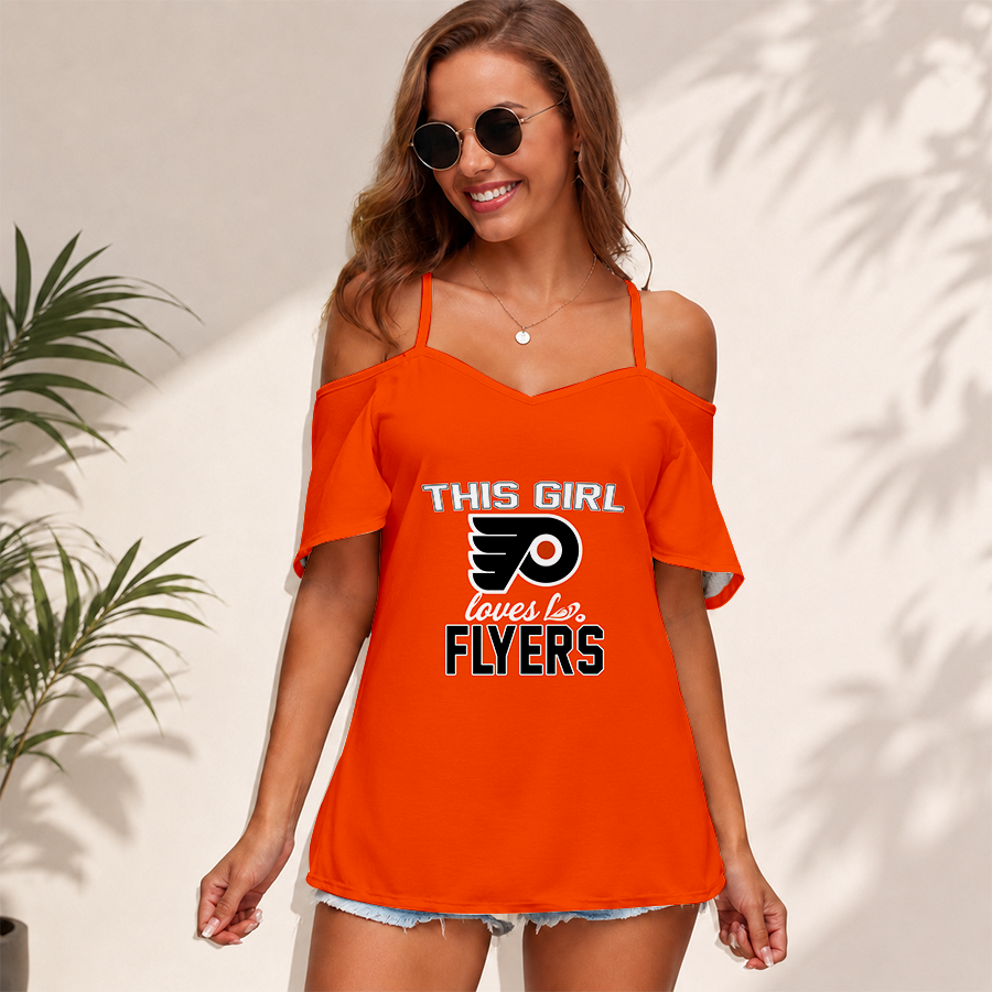 [SUPER SALE] NEW CUSTOMIZED NHL27 PPF PHILADELPHIA FLYERS WOMEN'S STRAPPY OFF-SHOULDER TOP