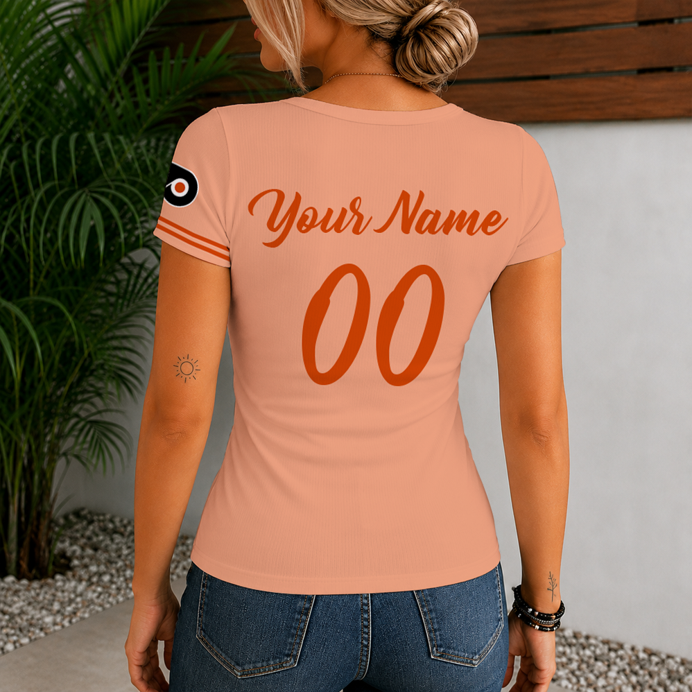 [SUPER SALE] NEW CUSTOMIZED NHL27 PPF PHILADELPHIA FLYERS WOMEN'S SHORT SLEEVE HENLEY T-SHIRT